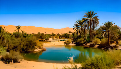  vibrant, green oasis nestled within a vast, arid desert. In the center of the oasis, there