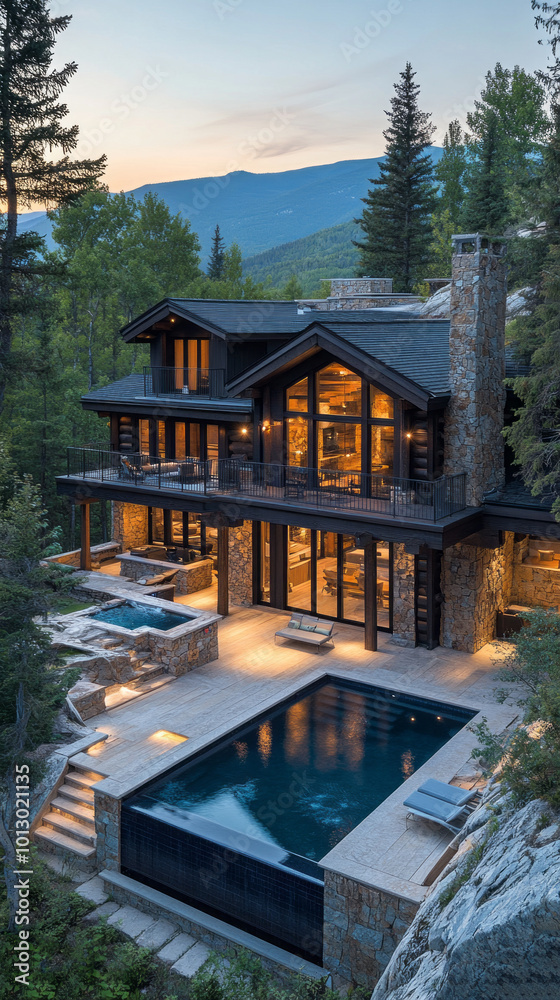 Poster a large house with a pool and a fireplace