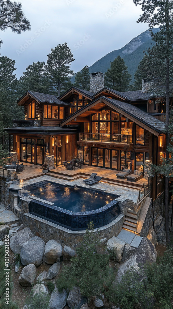 Poster a large house with a pool and a mountain in the background