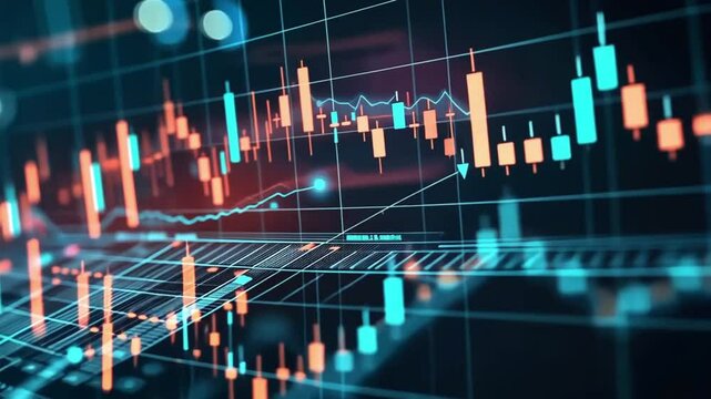 A digital representation of financial data, showcasing candlestick charts and market trends in vibrant colors.