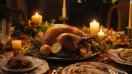 Naklejka premium An elegantly presented holiday spread featuring golden turkey, delightful accompaniments, and warm candlelight, perfect for celebratory occasions and togetherness