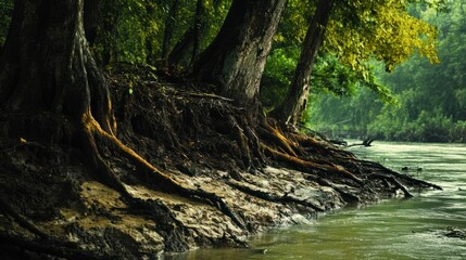 Fototapeta premium A riverbank eroded by strong currents, exposing tree roots and eroding soil into the water