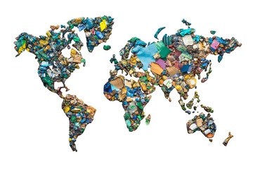 Fototapeta premium A colorful map of the world created from various plastic waste materials on a white background.