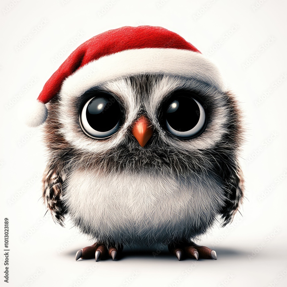 Wall mural Delightful fluffy Christmas owl wearing a Santa hat, showcasing colorful textures and detailed feathers against a pure white background for festive cheer and joy