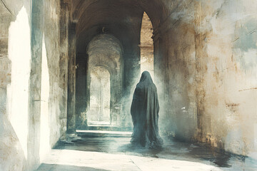 Ghostly figure, flowing robes, drifting through walls, Watercolor style