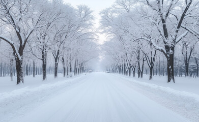 Fototapeta premium tree-lined avenue covered in snow generated by AI
