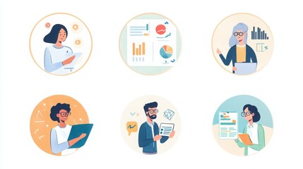 Fototapeta premium a set of illustrated avatars in circular frames showcasing diverse marketing professionals. One person wears casual business attire holding a marketing report