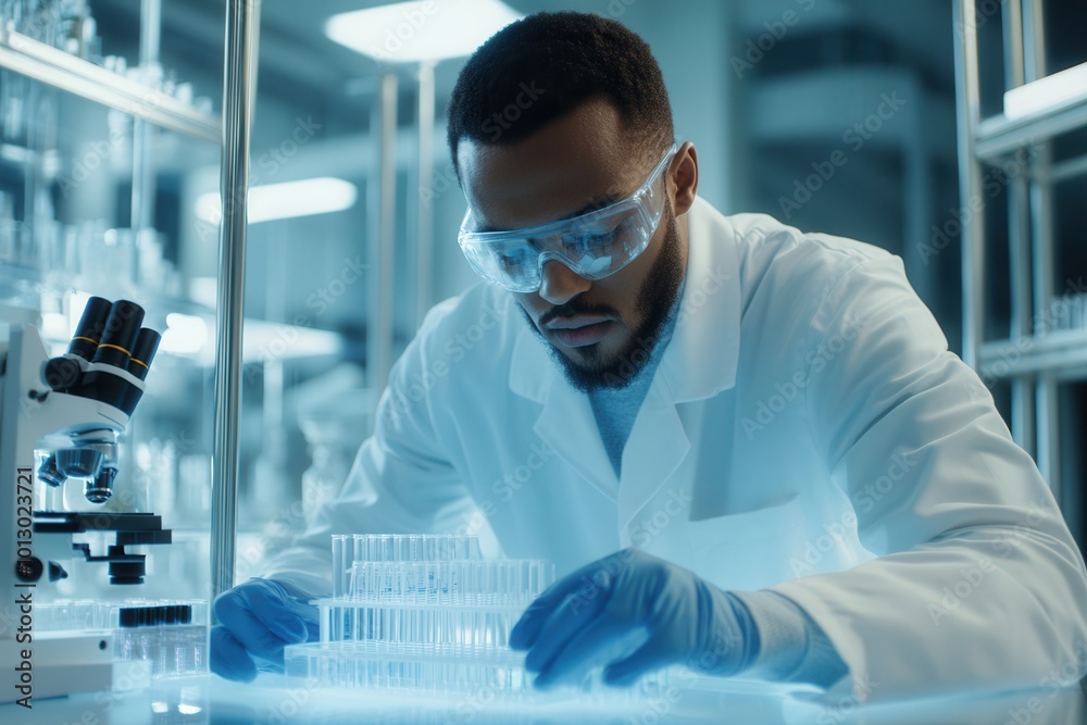 Poster The scientist focuses on precise work in the laboratory, carefully managing test tubes and samples while ensuring safety protocols. Generative AI