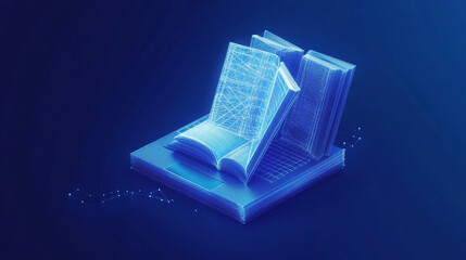 A simple, blue digital design shows an open book on a laptop.represents online learning,with the book symbolizing traditional reading and the laptop representing modern technology.low poly wireframe.