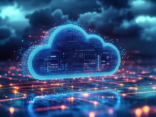 A vibrant digital cloud symbol representing technology, data storage, and connectivity amidst a futuristic backdrop.