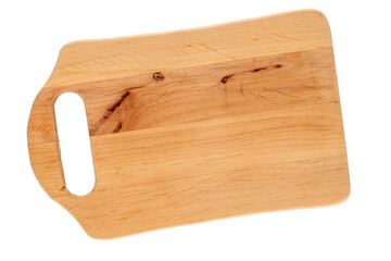 One wooden kitchen board , macro, isolated on white background, top view.