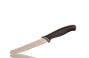 One metal kitchen knife, macro, isolated on white background.