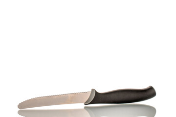 One metal kitchen knife, macro, isolated on white background.