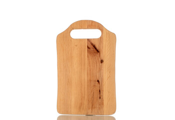 One wooden kitchen board , macro, isolated on white background.
