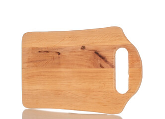 One wooden kitchen board , macro, isolated on white background.
