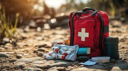 A vibrant red first aid kit displayed outdoors, filled with medical supplies for emergencies and safety during outdoor activities.