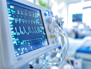 Advanced medical monitor displaying vital signs in a hospital room. Essential for patient care and health monitoring.