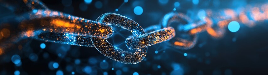 Close-up of a futuristic chain link glowing in a vibrant digital environment, symbolizing connection and technology.