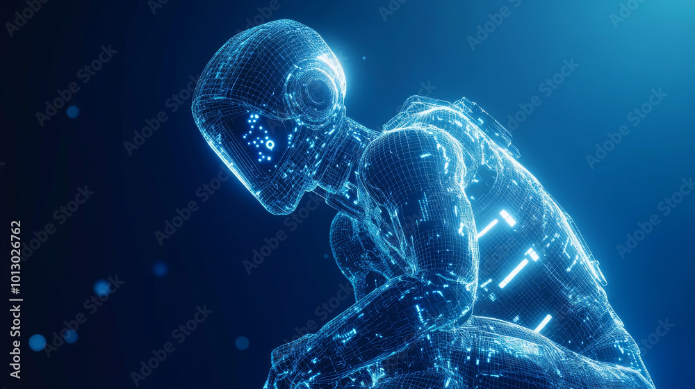Poster a futuristic blue background shows a 3d robot made of lines and dots. the robot has an ai chip and c