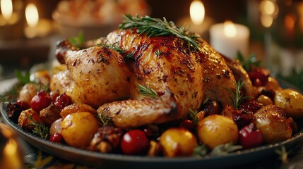 Thanksgiving baked chicken, zoomed-out view, displayed with assorted sides, gentle blur, clean and organized.