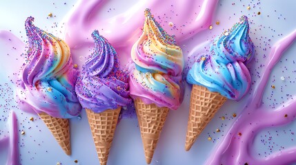 Delicious colorful ice cream cones topped with swirls of vibrant purple, blue, and pink, perfect for summer treats and desserts.