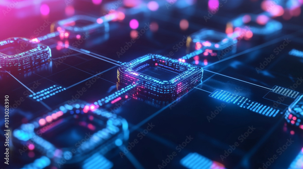 Poster this futuristic design shows a blockchain, where connected blocks hold encrypted data like transacti