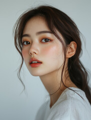 Fototapeta premium captivating portrait of woman with soft features and natural makeup, showcasing her elegant expression and flowing hair. neutral background enhances her beauty and charm