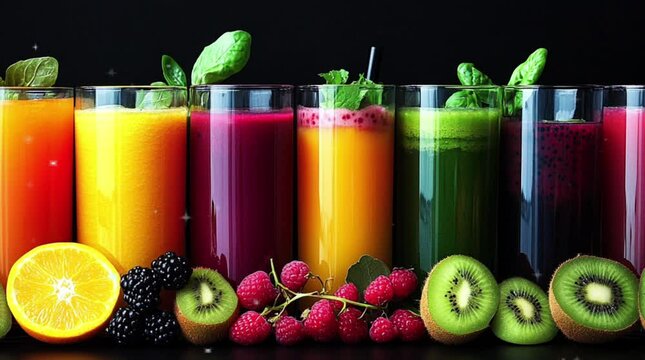 Fruit juice in a glass with kiwi, strawberry, blackberry, dragon fruit, and orange. Fresh delicious juice