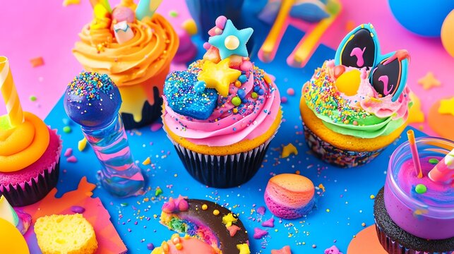 Colorful cupcakes decorated with vibrant frosting and playful toppings, perfect for celebrations and festive occasions.
