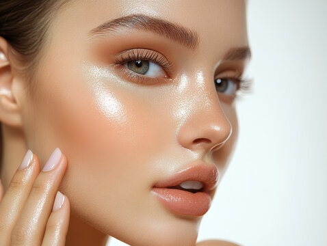 Close up of female face showcasing realistic skin texture, highlighting natural beauty and glowing complexion. soft lighting enhances features and creates inviting expression