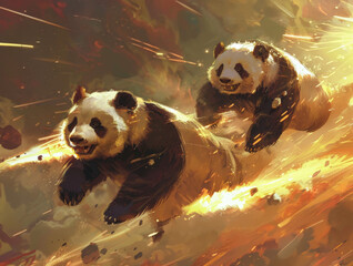 Panda runs to escape the explosion and destruction of the forest.