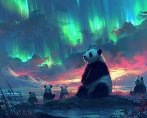 Pandas sitting on grass field under the colorful sky with a live aurora