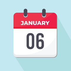 06 January Daily Calendar Icon 3d style red and white with light blue background