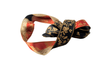 Exquisite decorative ribbon with intricate patterns, elegantly twisted, on a white isolated background.