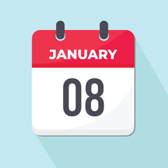 08 January Daily Calendar Icon 3d style red and white with light blue background