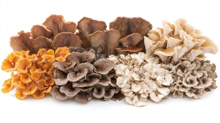 Obraz premium Vibrant assortment of wild and cultivated mushrooms, including oyster and shiitake, isolated on white