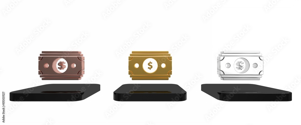 Sticker Colorful Stacks paper money cash icon isolated on white background. Money banknotes stacks. Bill currency. Minimalism concept. 3D render illustration