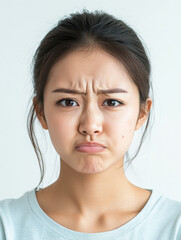 Frustrated Asian woman with blemished skin showing emotions of displeasure and concern. Her expression highlights skin damage and imperfections, reflecting moment of vulnerability