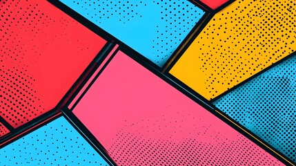 Blank colorful comic abstract background template with dynamic shapes, vibrant colors, speech bubbles, and action lines, perfect for adding text or graphics in a retro pop-art style