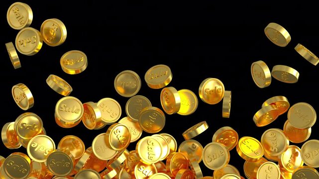 Golden coins falling against an alpha channel background