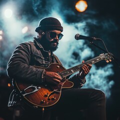 Musician performing passionately on stage with guitar