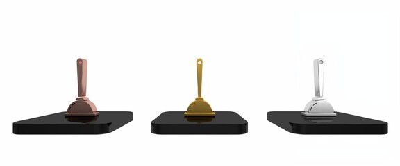 Colorful Rubber plunger with wooden handle for pipe cleaning icon isolated on white background. Toilet plunger. Minimalism concept. 3D render illustration