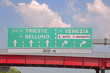 Road sign in the italian highway and name of city such as TRIESTE BELLUNO and VENICE and direction to Airport or PORT
