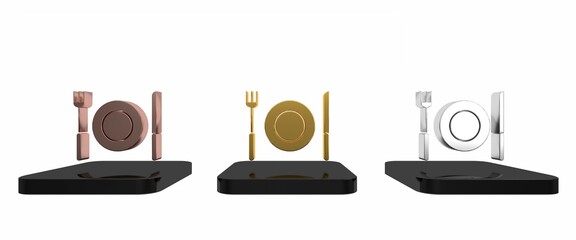 Colorful Plate, fork and knife icon isolated on white background. Cutlery symbol. Restaurant sign. Minimalism concept. 3D render illustration