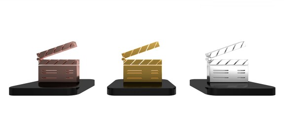 Colorful Movie clapper icon isolated on white background. Film clapper board. Clapperboard sign. Cinema production or media industry concept. Minimalism concept. 3D render illustration