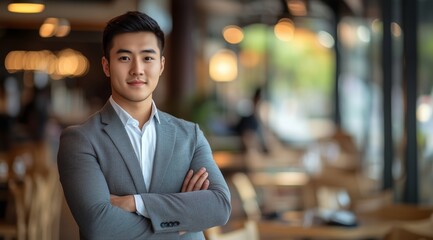 Confident Young Asian Businessman in Gray Suit Smiling with Arms Crossed in a Modern Restaurant Setting
