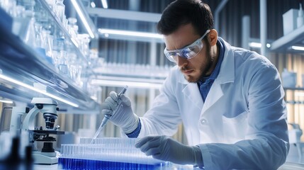 A scientist in a lab coat and safety equipment is carefully handling test tubes and conducting experiments in a modern laboratory. Generative AI