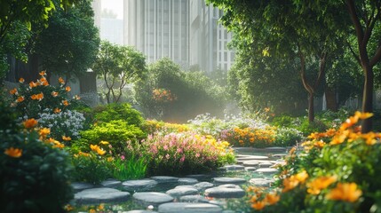 Obraz premium A flourishing green oasis in the heart of a bustling city, filled with an array of wildflowers that add splashes of color to the surrounding concrete jungle, highlighting the significance of natural h