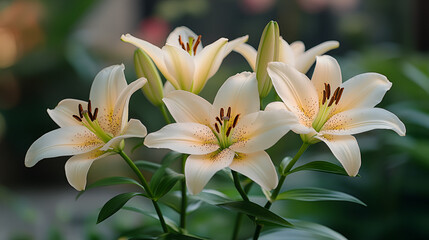 Fototapeta premium Beautiful white lilies blooming in a tranquil garden during the early morning hours of spring in a serene natural setting