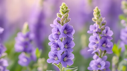 Obraz premium Beautiful purple flowers blooming in a vibrant garden during springtime, showcasing delicate petals and lush greenery in bright sunlight